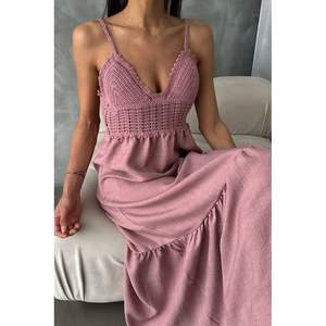 Vestido Casual al Por Mayor Topshow, Diseño Largo con Tirantes y Cuello en V, Color Rosa Polvo, Lino - Product Image 2