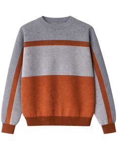 <b>Men</b> Crew Neck Knit Sweater Grey Rust Color Block Long Sleeve Soft Warm Winter Casual Pullover Premium Knitwear - Product Image 1