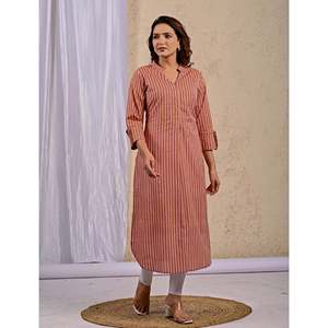 Pink Stripes Printed Straight <b>Kurti</b> for Girls Ladies Traditional Modern Elegant Indian Ethnic Summer Suit Embroidered Reyon Long - Product Image 6