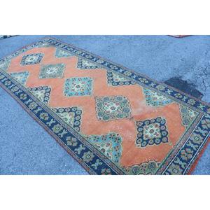 Grand tapis turc de 4,3 x 10,7 pieds, tapis en laine vintage orange et bleu patchwork - Product Image 4