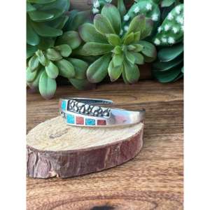 Vintage Navajo Turquoise & Coral Sterling <b>Silver</b> Flake Design Fashionable <b>Cuff</b> <b>Bracelet</b> - Product Image 3