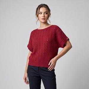 Pull en tricot côtelé ajouré à col rond et manches courtes, taille unique, convient aux tailles 38-44 - Product Image 1