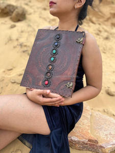 Nuevos diarios de bloqueo de doble cierre de cuero tallados a mano reales con piedra semipreciosa Diario de viaje de cuero vintage tradicional bohemio - Product Image 4