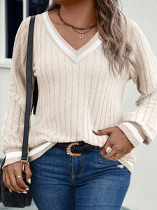 เสื้อสเวตเตอร์แบบสวมหัวคอวีสำหรับผู้หญิงเสื้อกันหนาวถักวาฟเฟิลวาฟเฟิลสีทึบกำหนดเอง - Product Image 4