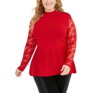 INC International Concepts Women's Plus Size Red 2X Winter Lace Peplum <b>Sweater</b> - Product Image 1