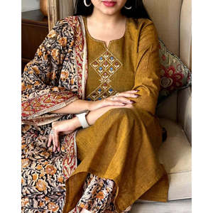 Ruddy Brown bordado Handloom algodón ropa deportiva conjunto por encima de la rodilla patrón Floral Top y Dupatta tallas 2XL 4XL para el verano - Product Image 3