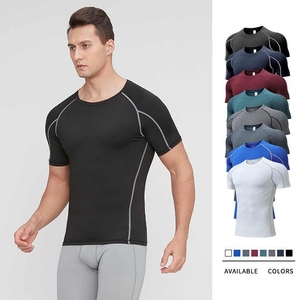 T-shirts de compression de gymnastique à manches courtes sportifs d'été pour hommes vêtements de sport élastiques à séchage rapide avec logo personnalisé tissu tricoté uni - Product Image 1