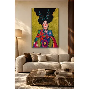 Impression sur toile de femme en robe fleurie sur fond de moutarde Fida - Product Image 3