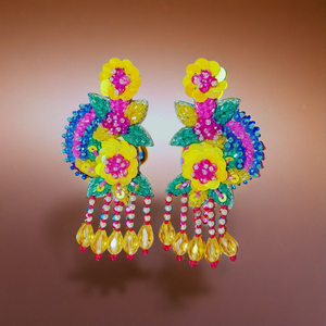 Floral Green & Blue Beaded Earrings <b>Sequins</b> Fashion Statement Dangle Earrings for Adult Women Handmade Customizable Colors Sizes - Product Image 4