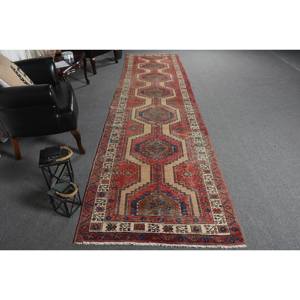 Alfombra clásica de lana rojo Beige 3,4X13,4 pies estilo Kilim área grande alfombras rectangulares turcas respaldo de látex para pasillo 10mm de espesor - Product Image 1