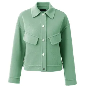 Custom Wholesale Women's Clothing Apple Green Vintage Slim Fit Pocket Wool Overcoat Ladies Woolen Coat
