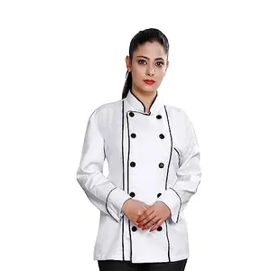 Prezzi ragionevoli cappotto da cuoco bianco con tubi neri a contrasto per cucina e ristorante utilizza l'uniforme degli esportatori indiani