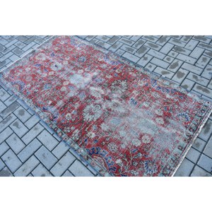 Turkish Rug 3.5x6.8 ft, <b>Red</b> Blue Ombr <b>Wool</b> Vintage Rug - Product Image 4