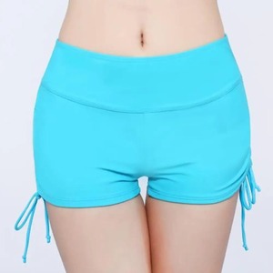 Women's Solid Color Summer Beach Bandage Swim Shorts Logo on Waist Knitted <b>Fabric</b> Side <b>Pleated</b> Bikini Bottom Leggings - Product Image 4