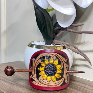 High Quality Western Genuine Leather Women <b>Barrette</b> <b>Clips</b> New Handcrafted Tooled Leather Vintage Hair Stick Sunflower Hair Stick - Product Image 2