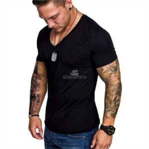 เสื้อยืดผู้ชาย,เสื้อยืดลำลองแฟชั่นใหม่สีพื้นคอวีเสื้อกีฬาฟิตเนส - Product Image 5