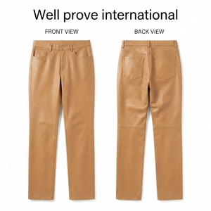 Pantalon d'hiver pour homme en similicuir 450 g/m² de haute qualité, taille haute, avec braguette zippée, marron caramel, empiècements aux genoux et étiquette métallique personnalisée - Product Image 3