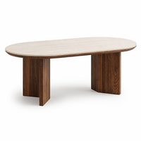 Table basse ovale moderne, plateau aspect pierre crème, style vintage, salon, petit appartement, table à thé, meubles de maison