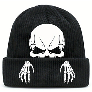 Hombres Mujeres Venta al por mayor Halloween Personalizado jacquard Invierno Tie-Dye Knit Beanie Hat Acrílico Cálido Slouchy Skull Cap con cuero - Product Image 3