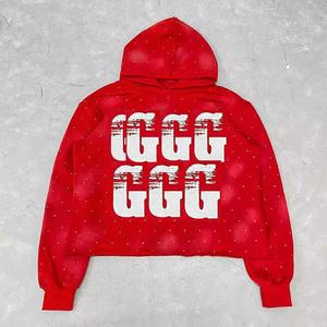 Conjunto de sudadera con capucha y pantalones de chándal Acampanados para hombre lavado con ácido recortado con strass estampado cuadrado desgastado personalizado - Product Image 4