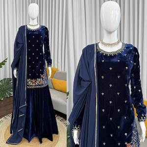 Elegante Salwar Kameez de Terciopelo Viscosa, Top de Trabajo, Pantalones Plazzo Elásticos y Dupatta con Borde de Encaje para Fiesta, Tallas M, L, XXL, XXXL - Product Image 1