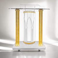 Podio de Iglesia Acrílico Transparente con Columna Dorada, Atril para Bodas y Eventos, Soporte para Discursos Personalizado con Ruedas