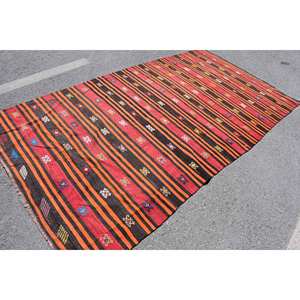 Handmade Traditional Red <b>Black</b> Striped Wool <b>Rug</b> 5.1 X 9.6 ft Abstract Patchwork Design for Teens Hallway Latex Bedside - Product Image 2