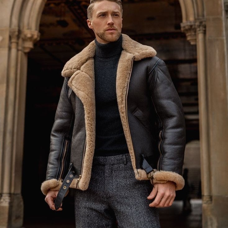 Großhandel Männer neue Mode echtes Schafs leder teure Herren jacke mit echtem Wollfell Innenfutter Herbst Winter lässige Outwear