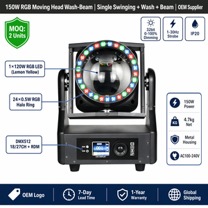 Cabeza Móvil RGBL <span class=keywords><strong>Tornado</strong></span> Kaleidoscopio de 150W, DMX512 RDM, 24 Anillos LED RGB, Efecto de Haz Giratorio, Atenuación de 32 bits para DJ, Fiestas, Escenarios y Clubs - Product Image 1