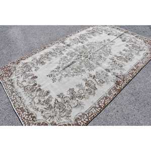 Vintage Rug, 5.5x9 ft Large Rug, <b>Brown</b> White <b>Wool</b> Rug - Product Image 2