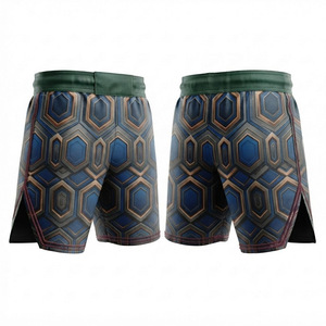 Shorts de compression MMA pour hommes, bleu, imprimé géométrique par sublimation, évacuation de l'humidité, coupe athlétique, vêtements d'arts martiaux mixtes - Product Image 1