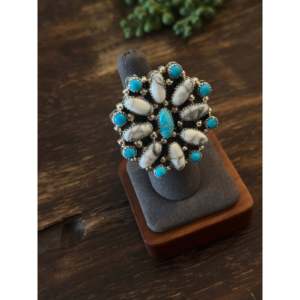 Navajo-Handmade Trendy Sterling Silver Multi-Stone <b>Adjustable</b> Cluster <b>Ring</b> Turquoise Bezel One Size Fits All Perfect Gift - Product Image 3