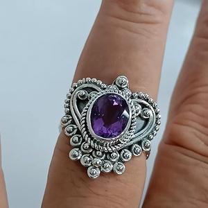 Handmade Boho <b>Statement</b> <b>Ring</b> Natural Amethyst Set in Sterling Silver Heartshape Design Birthday or Anniversary Gift for Her - Product Image 1
