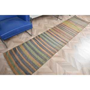 Vintage Turkish <b>Runner</b> Rug 2.4x10.2 ft, <b>Green</b> Brown Oriental Rug - Product Image 4