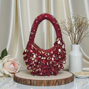 Beaded <b>Clutch</b> Evening Bag with Mirror Work Fringe Handmade Elegant Party Purse Cross-Body Strap Satin Lining Light Weight - Product Image 2