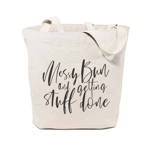 Eco-Friendly Cotton Canvas Tote Bag for Daily Use Medium Size 'Messy Bun Getting Stuff Done' Plain Recyclable Advertising - Product Image 1