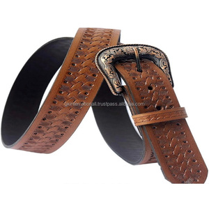 Fabriqué en cuir véritable tissage de panier en relief ceinture d'outillage à la main occidentale avec boucle en cuivre gravé de créateur ensemble de tailles personnalisées - Product Image 6