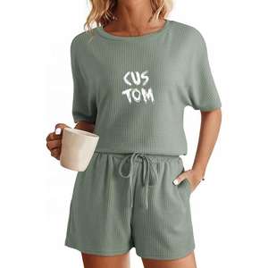 Ensemble de t-shirts 2 pièces pour femmes-Tissu gaufré personnalisé-Survêtement d'été respirant-Ensemble de t-shirts à col en O pour femmes - Product Image 5