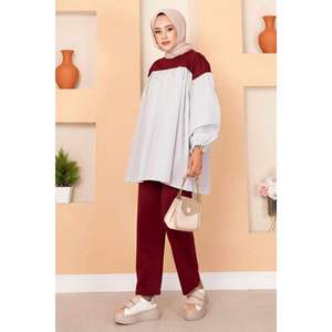 Costume 2 Pièces Manches Ballon Poche Détaillée Bordeaux - Product Image 4