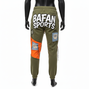 Pantalon de jogging pour homme en molleton de coton premium 300 GSM avec empiècements en denim olive orange et logo brodé personnalisé, pantalon pour homme lavé - Product Image 5