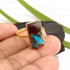Vente chaude 9x18mm Rectangle Éternité Vermeil 925 Argent Sterling 18K Plaqué Or Lave Cuivre Turquoise Lunette Ensemble Bague pour Femmes - Product Image 6