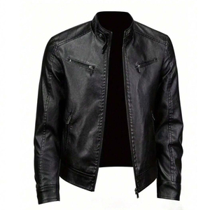 Veste de moto zippée coupe ajustée de haute qualité Veste en cuir pleine fleur ivoire marron et noir pour hommes - Product Image 4