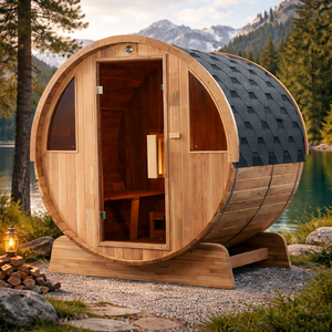 Sauna extérieur moderne en forme de baril, 4 personnes, en bois écologique, avec poêle Harvia, pour usage familial, en stock dans l'entrepôt américain, fabrication OEM - Product Image 1