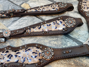 Decorado con cuero estampado de leopardo personalizado caballo occidental Headstall caballo Headstall brida pecho Collar Set - Product Image 3