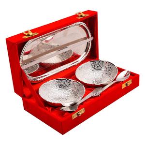 Handmade Royal Velvet Gift <b>Box</b> Set Silver Plated Metal Bowl with 2 Spoons Home Decor Polished Technique for Gift Giving - Product Image 1