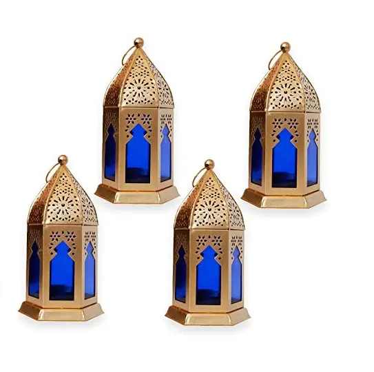 高品質のモロッコスタイルのキャンドルランタンゴールデンカラーと青いガラス窓装飾照明アクセサリーホーム & オフィス用