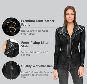 Women's Fashion Faux Leather Biker Jacket Rivet Lapel Shaping Moto Outerwear - Product Image 5