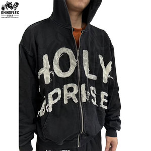 เสื้อฮู้ดปักลายสำหรับผู้ชายมีฮู้ดผ้าคอตตอนผสมสีพื้นแบบวินเทจ - Product Image 2