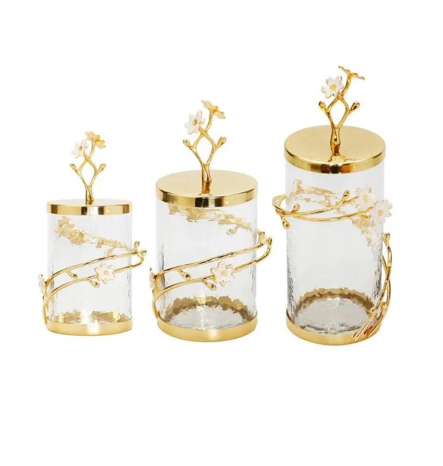 Vintage Design Handcrafted Kitchen Canister Set Gold or Silver jars with Floral Lotus Lid Decorative Storage Containers