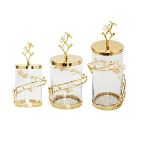 Vintage Design Handcrafted Kitchen Canister Set Gold or Silver jars with Floral Lotus Lid Decorative Storage Containers